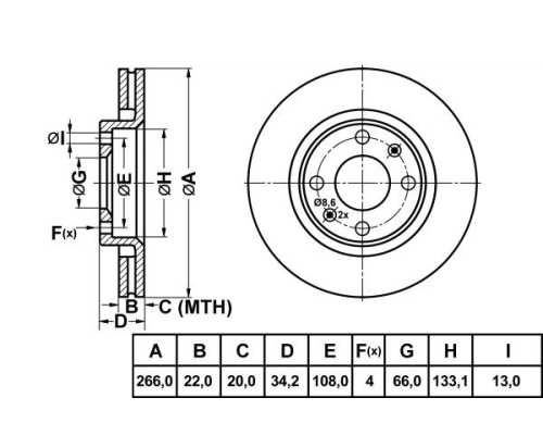 ON FREN DISKI HAVALI 266MM (PEUGEOT: 206-207-307-PARTNER YM-C-ELYSEE / CITROEN: C4-C3 1.4-1.6-BERLINGO YM)